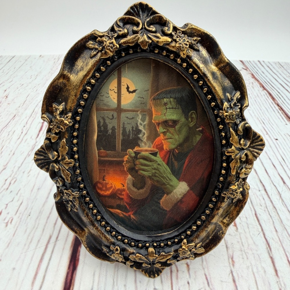 Frankenstein Coffee Art Ornate Gold Resin Frame Handmade Gothic Horror Decor